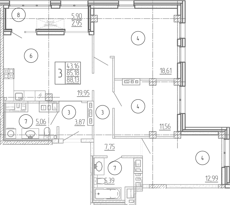 Планировка 3-комнатная 88,13 м²