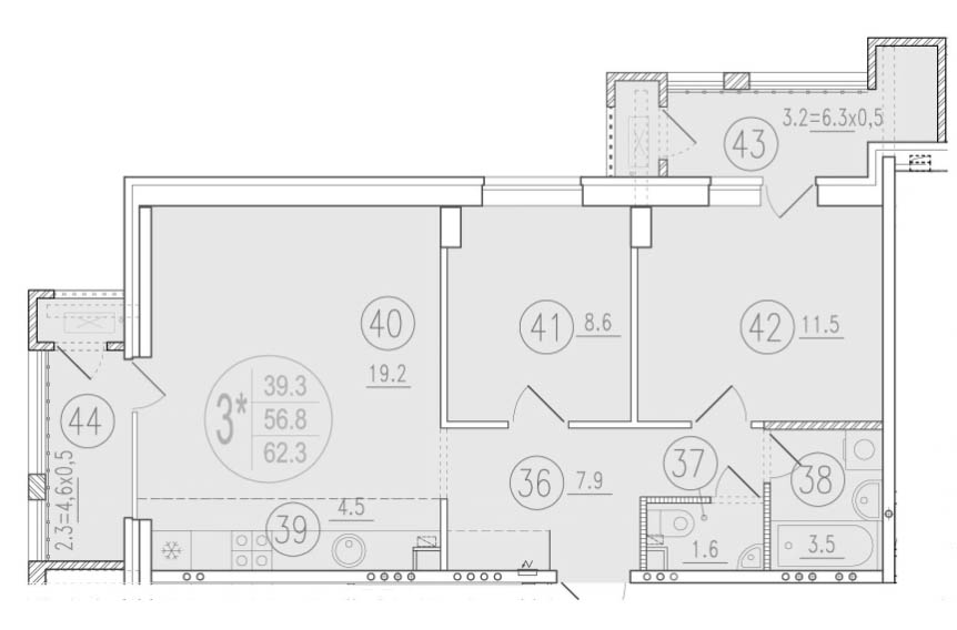 Планировка 3-комнатная 62,3 м²