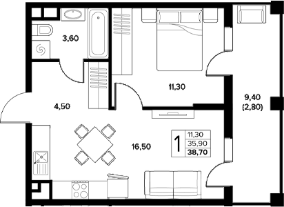 Планировка 1-комнатная 38,7 м²