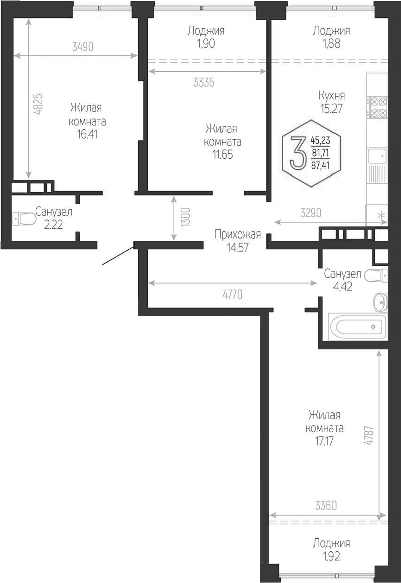 Планировка 3-комнатная 87,41 м²