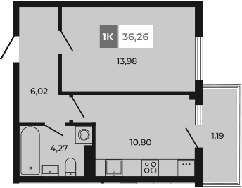 Планировка 1-комнатная 36,26 м²