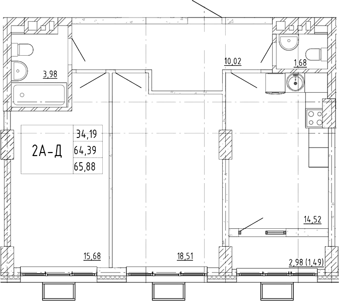 Планировка 2-комнатная 65,88 м²