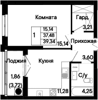 Планировка 1-комнатная 39,34 м²