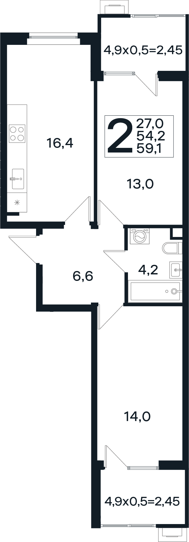 Планировка 2-комнатная 59,1 м²