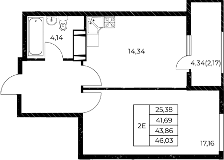 Планировка 1-комнатная 46,03 м²