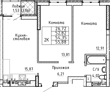 Планировка 2-комнатная 54,35 м²