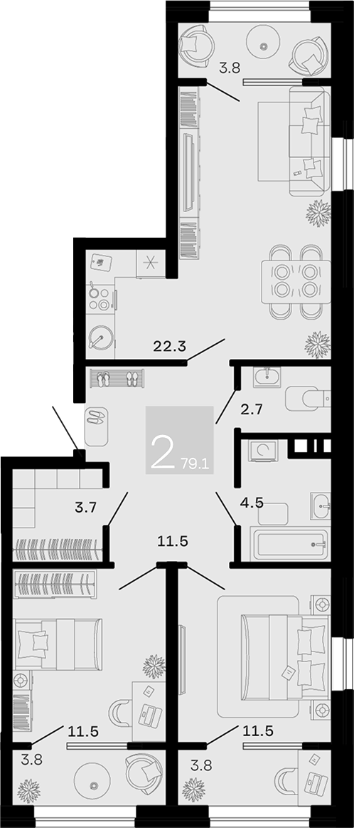 Планировка 2-комнатная 79,1 м²