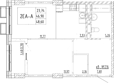 Планировка 2-комнатная 48,6 м²