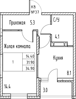 Планировка 1-комнатная 34,9 м²