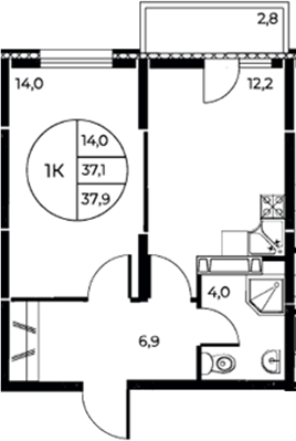 Планировка 1-комнатная 37,9 м²