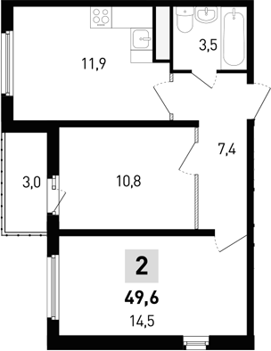 Планировка 2-комнатная 49,6 м²