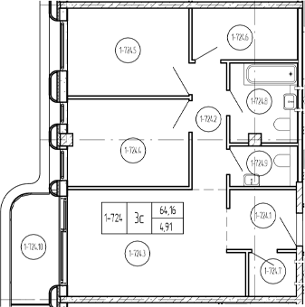 Планировка 3-комнатная 69,02 м²