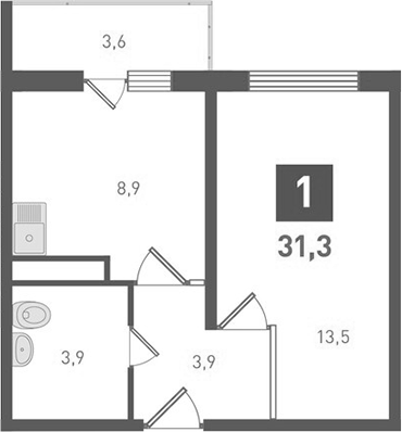 Планировка 1-комнатная 31,3 м²