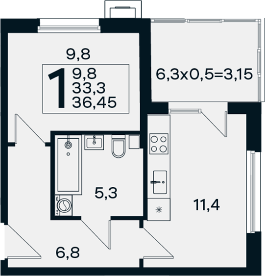 Планировка 1-комнатная 36,45 м²