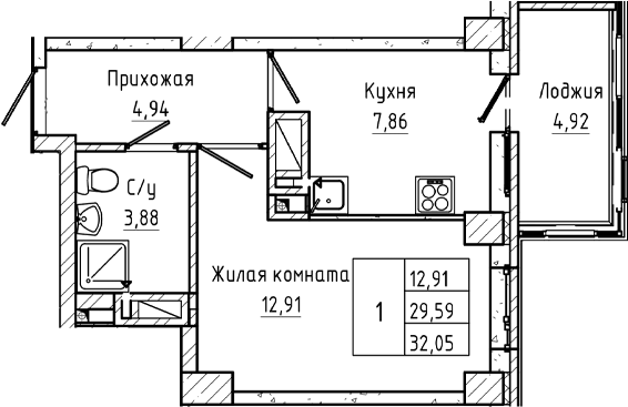 Планировка 1-комнатная 32,05 м²
