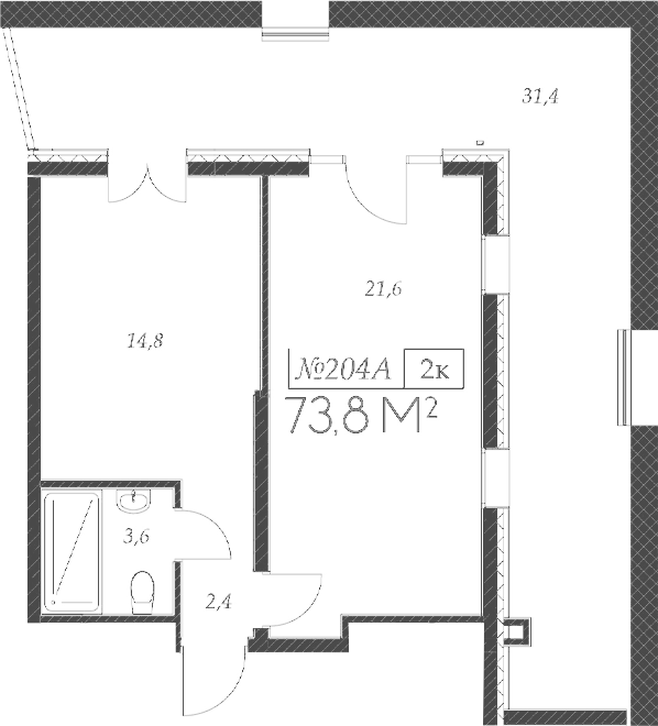 Планировка 2-комнатная 73,8 м²