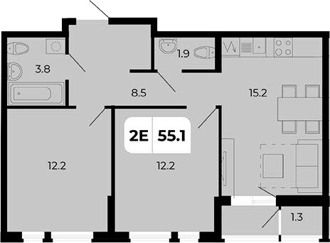 Планировка 3-комнатная 55,1 м²