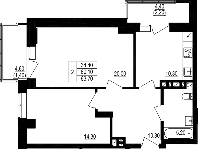 Планировка 2-комнатная 70 м²