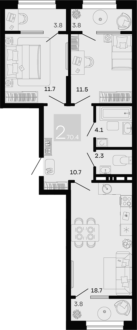 Планировка 2-комнатная 70,4 м²