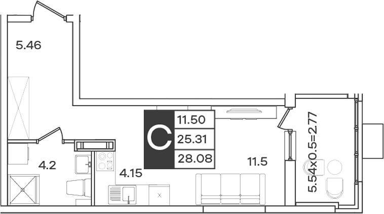 Планировка Студия 28,08 м²