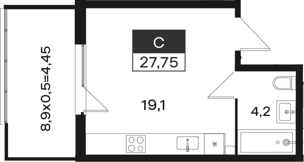 Планировка Студия 27,75 м²