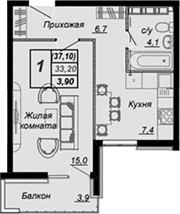 Планировка 1-комнатная 37,1 м²