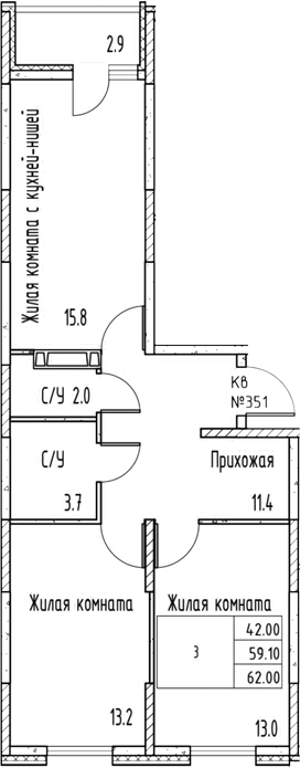 Планировка 3-комнатная 62 м²