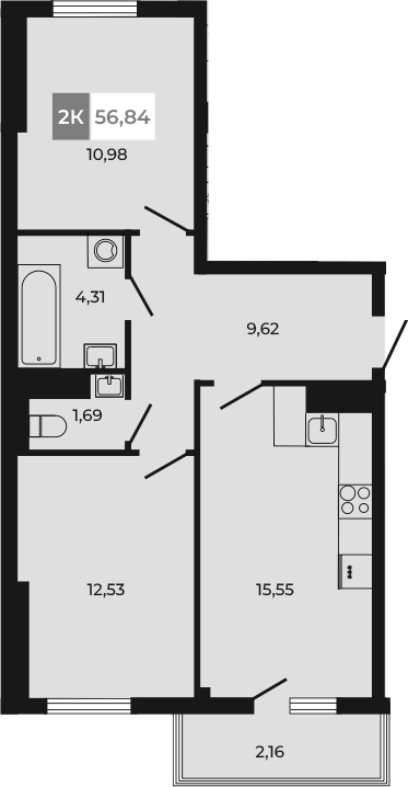 Планировка 2-комнатная 56,84 м²