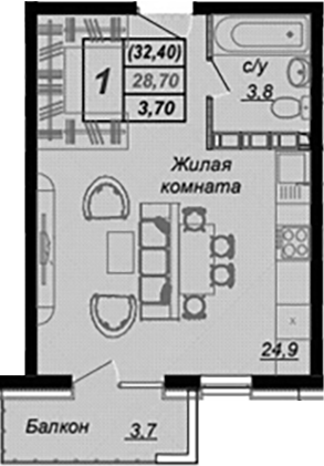 Планировка Студия 31 м²