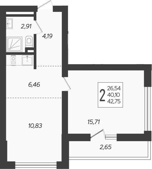 Планировка 2-комнатная 43,8 м²