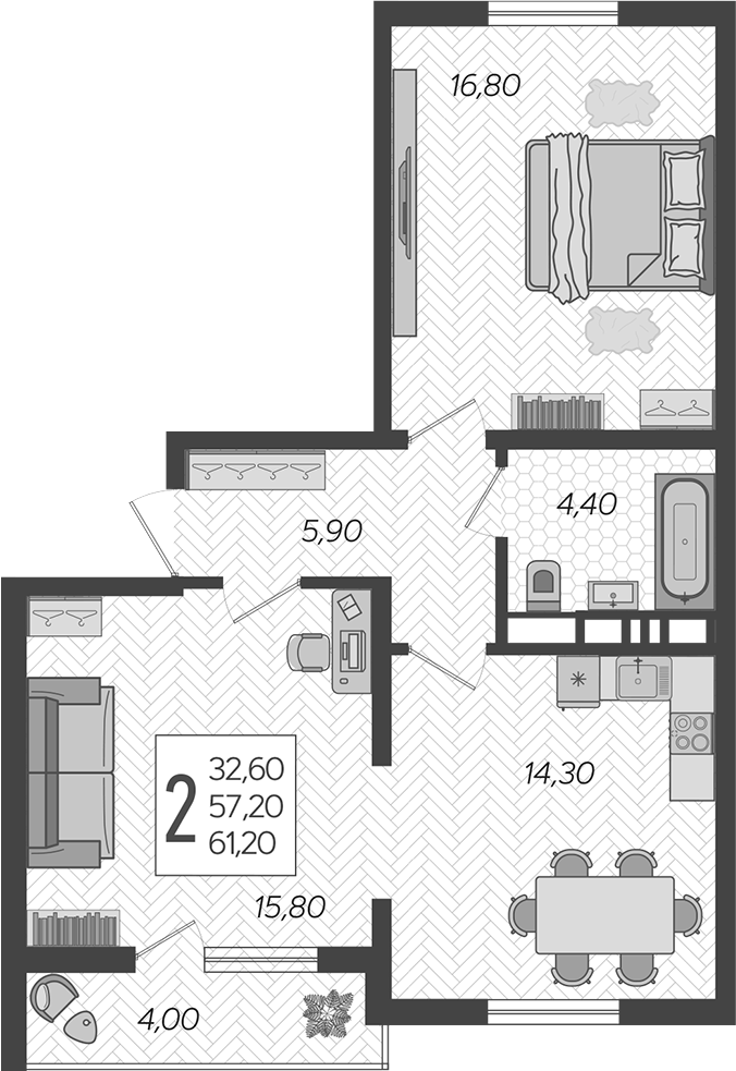 Планировка 2-комнатная 61,2 м²