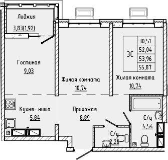 Планировка 3-комнатная 53,96 м²
