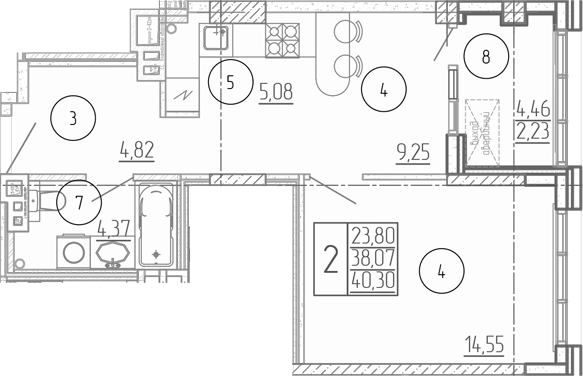 Планировка 2-комнатная 40,3 м²