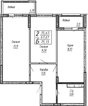 Планировка: 3-комн. квартира 75,1 м²