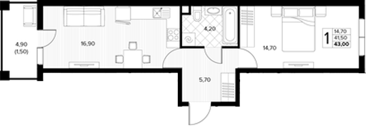 Планировка 1-комнатная 43 м²