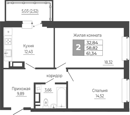 Планировка 2-комнатная 61,34 м²