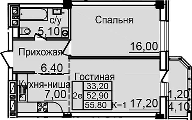 Планировка 2-комнатная 52,9 м²