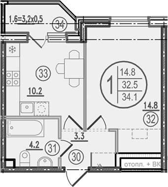 Планировка 1-комнатная 34,1 м²