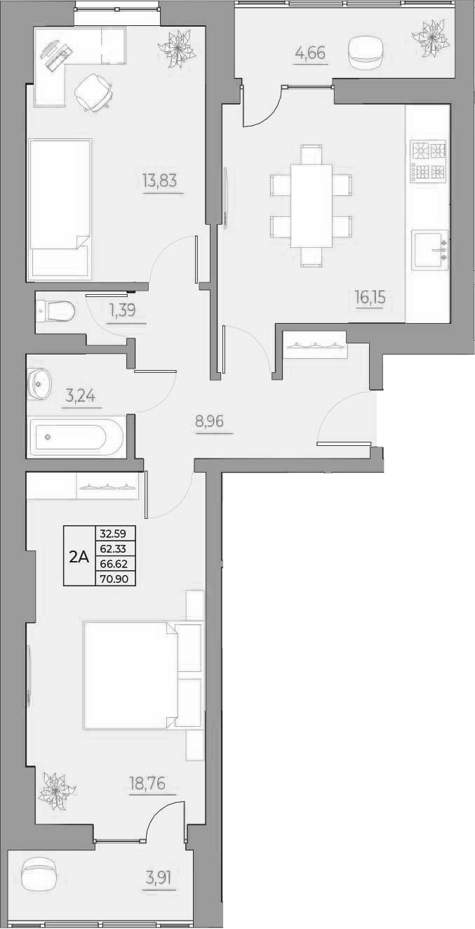 Планировка 2-комнатная 70,9 м²
