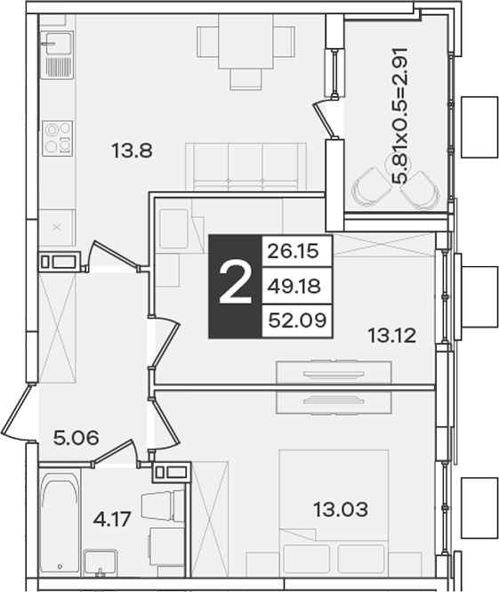 Планировка 2-комнатная 52,09 м²
