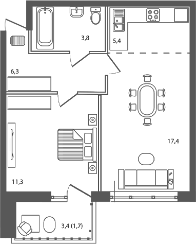 Планировка: 2-комн. квартира 45,9 м²