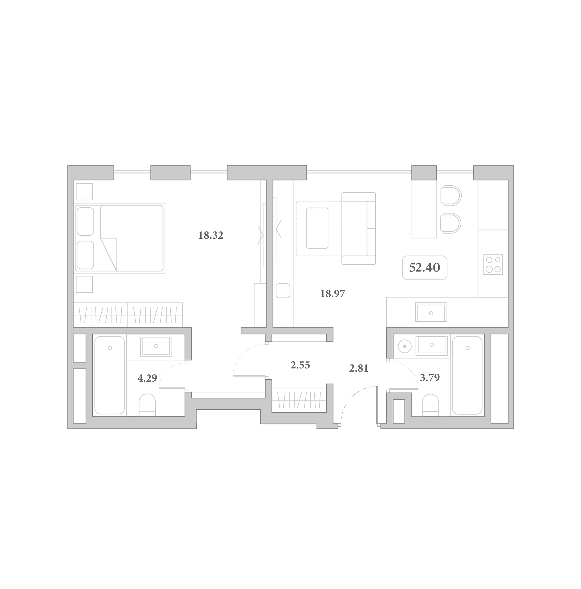 Планировка 2-комнатная 52,4 м²