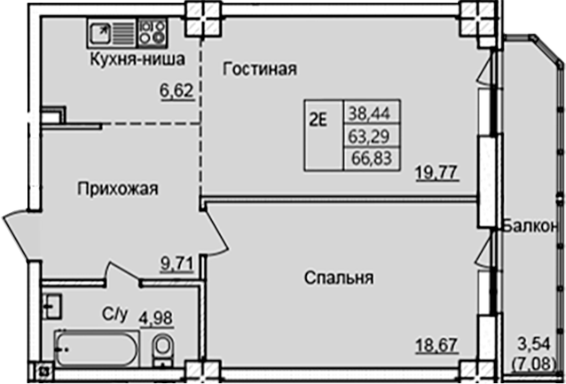 Планировка 2-комнатная 63,29 м²
