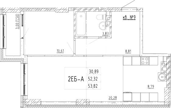 Планировка 2-комнатная 53,82 м²