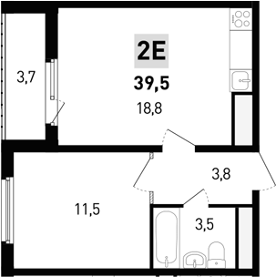 Планировка 2-комнатная 39,5 м²