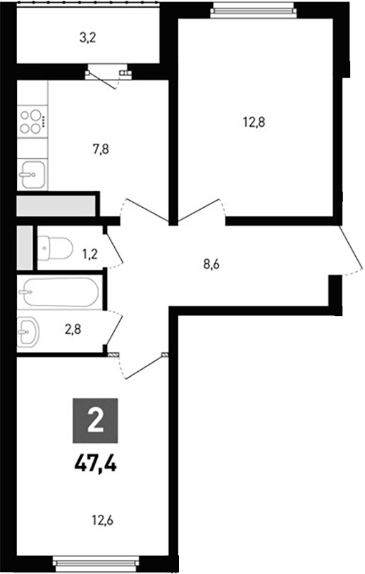 Планировка 2-комнатная 47,4 м²