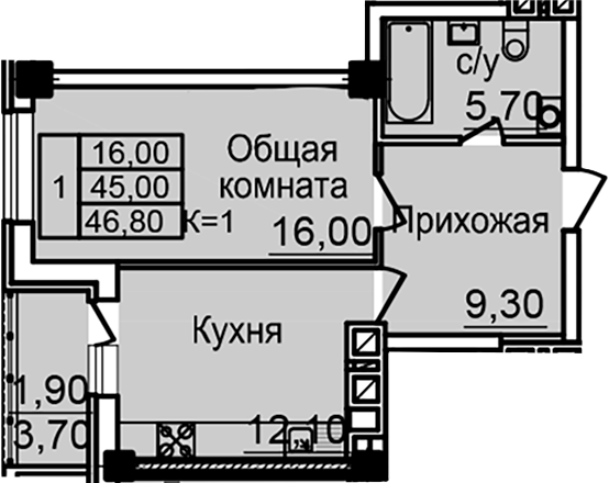 Планировка 1-комнатная 45 м²