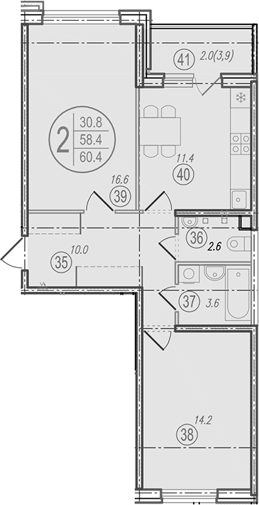 Планировка 2-комнатная 60,4 м²