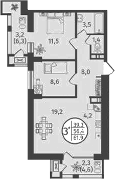 Планировка 3-комнатная 61,9 м²
