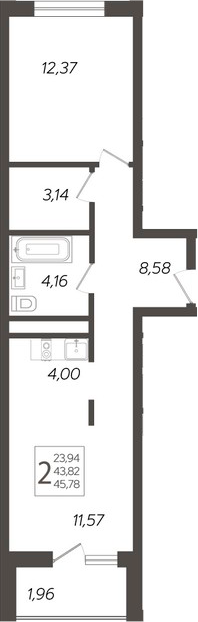 Планировка 2-комнатная 45,78 м²